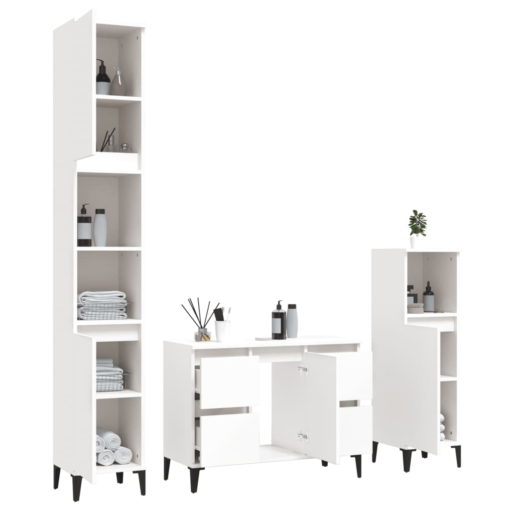 3 Pcs conjunto móveis casa de banho derivados de madeira branco