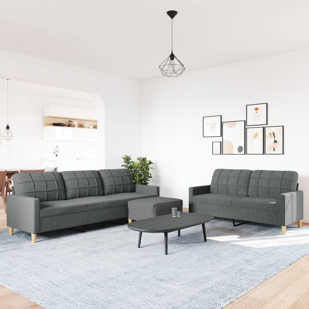 3 Pcs conjunto de sofás com apoio de pés tecido cinzento-escuro