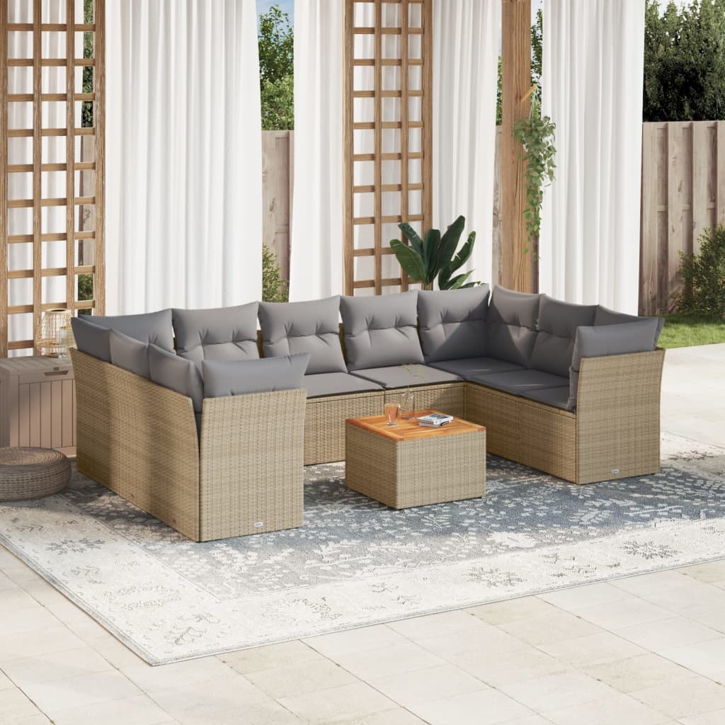 10 Pcs conjunto de sofás p/ jardim com almofadões vime PE bege