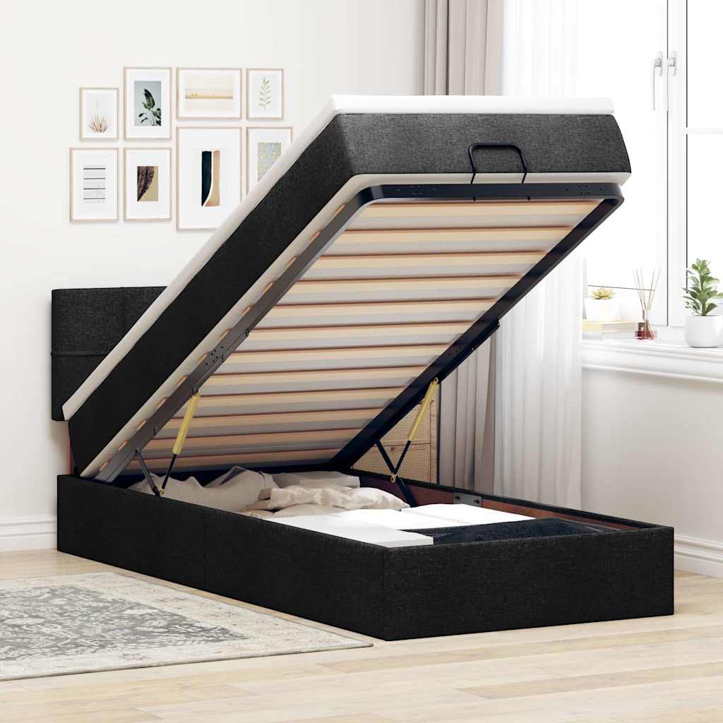 Cama otomana com colchão 100x200 cm tecido preto