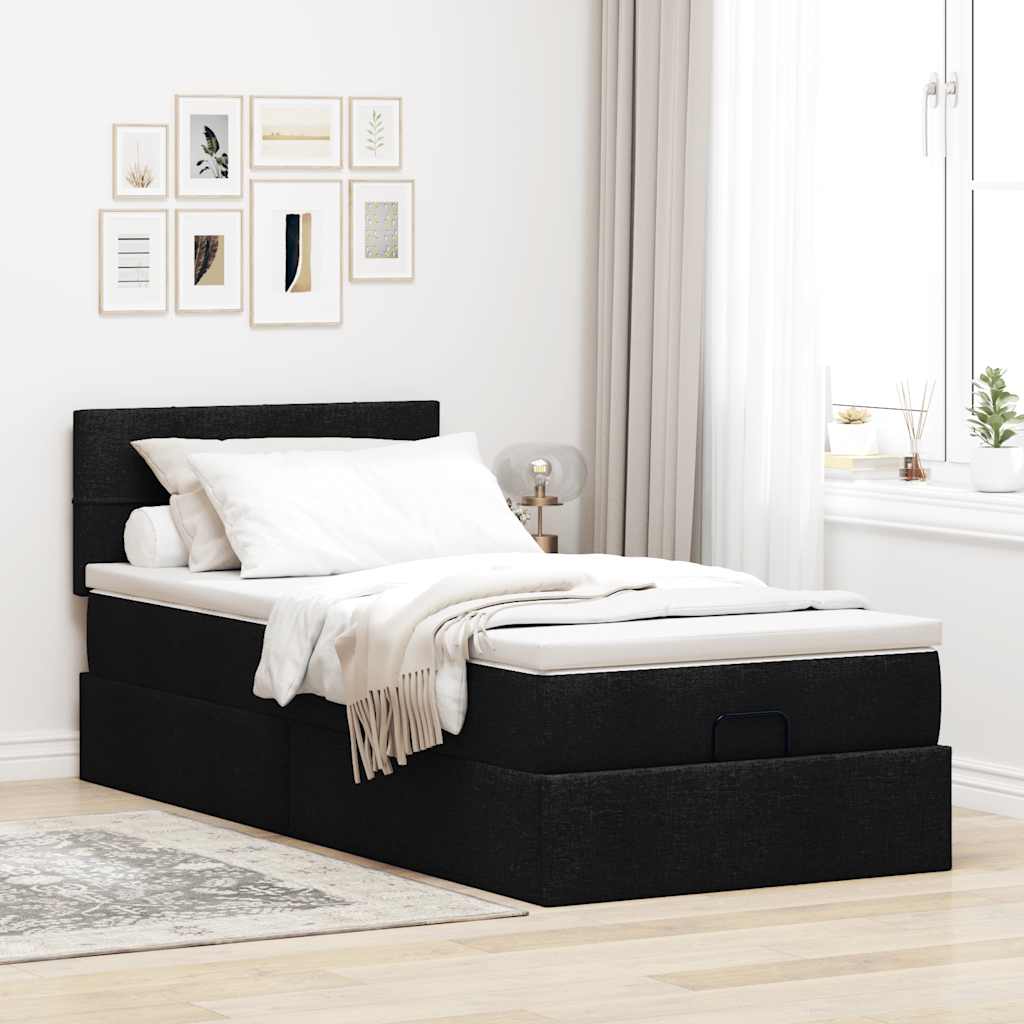 Cama otomana com colchão 100x200 cm tecido preto