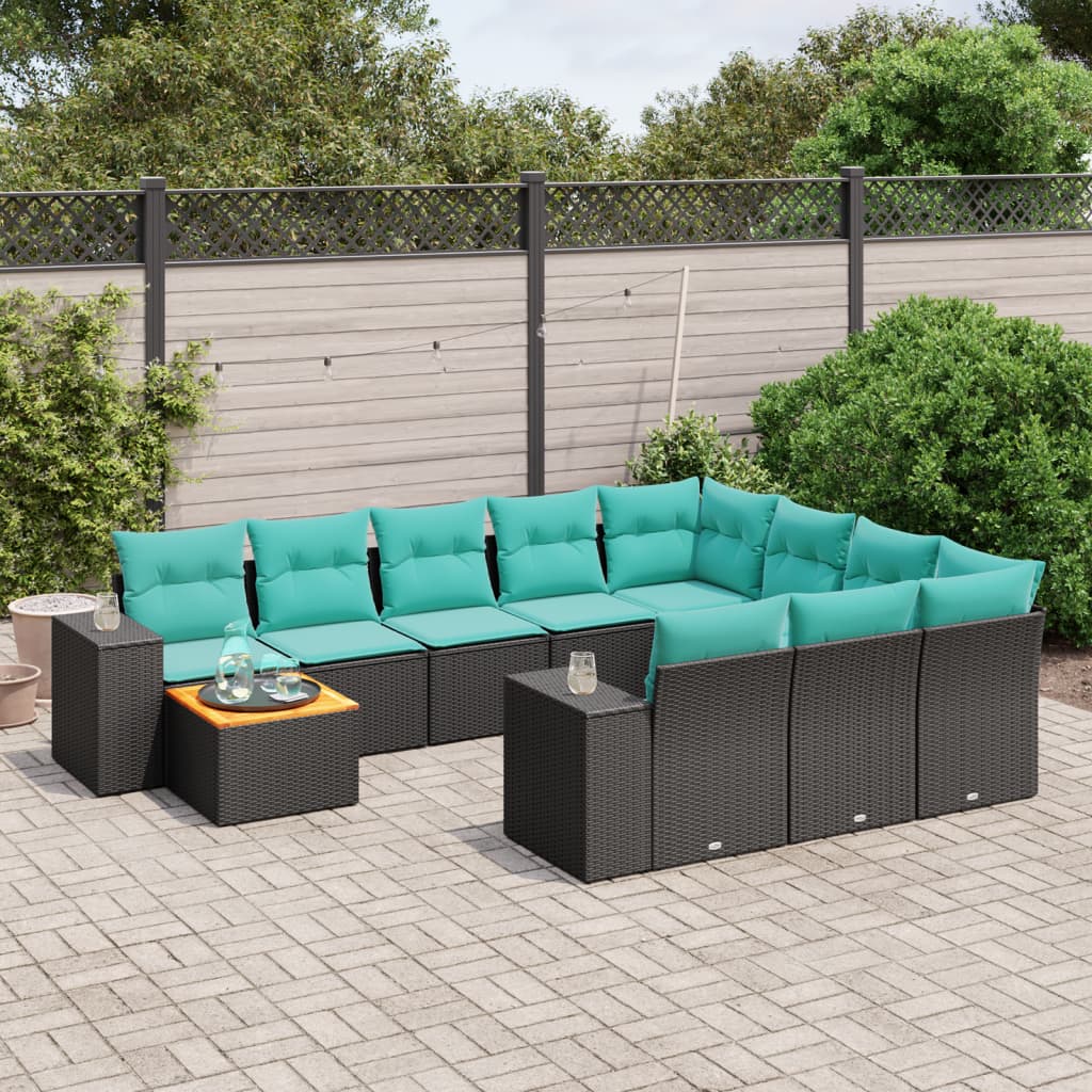Conjunto de sofá de jardim com 11 peças e almofadas em rattan sintético preto
