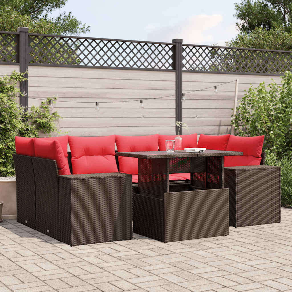 Conjunto de sofá de jardim com 7 peças e almofadas em rattan sintético marrom