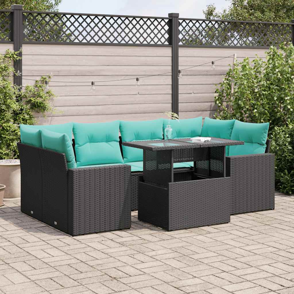 7 Pcs conjunto sofás jardim c/ almofadões vime PE/acácia preto