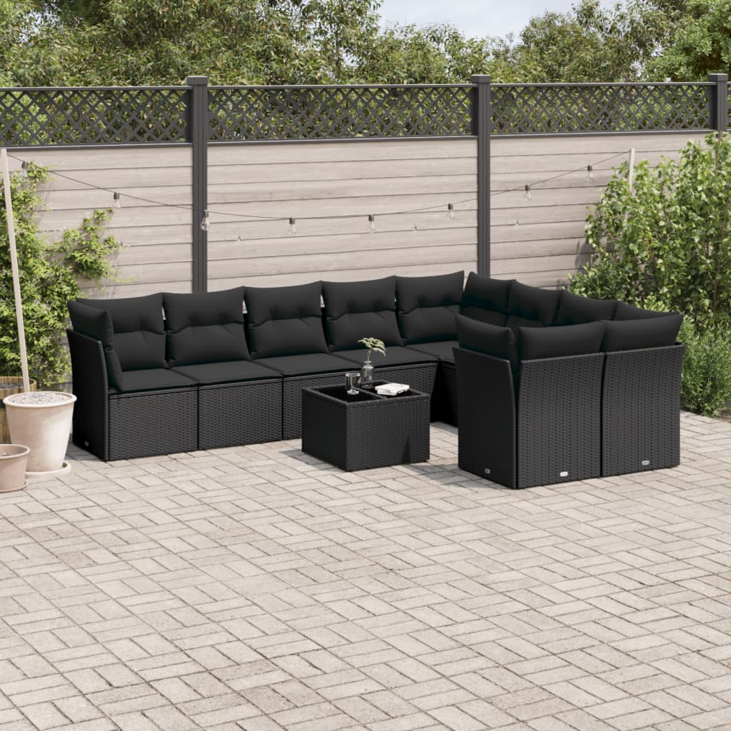 10 Pcs conjunto sofás de jardim c/ almofadões vime PE preto