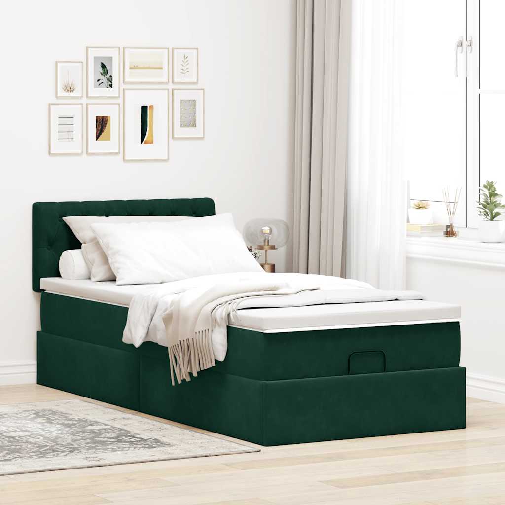 Cama otomana com colchão & leds 90x200cm veludo verde-escuro