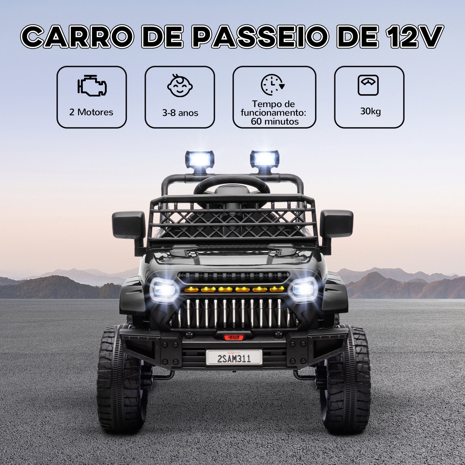 Carro elétrico para crianças carro elétrico infantil utv 12v com velocidade ajustável USB e faróis 95x62,5x65 cm preto