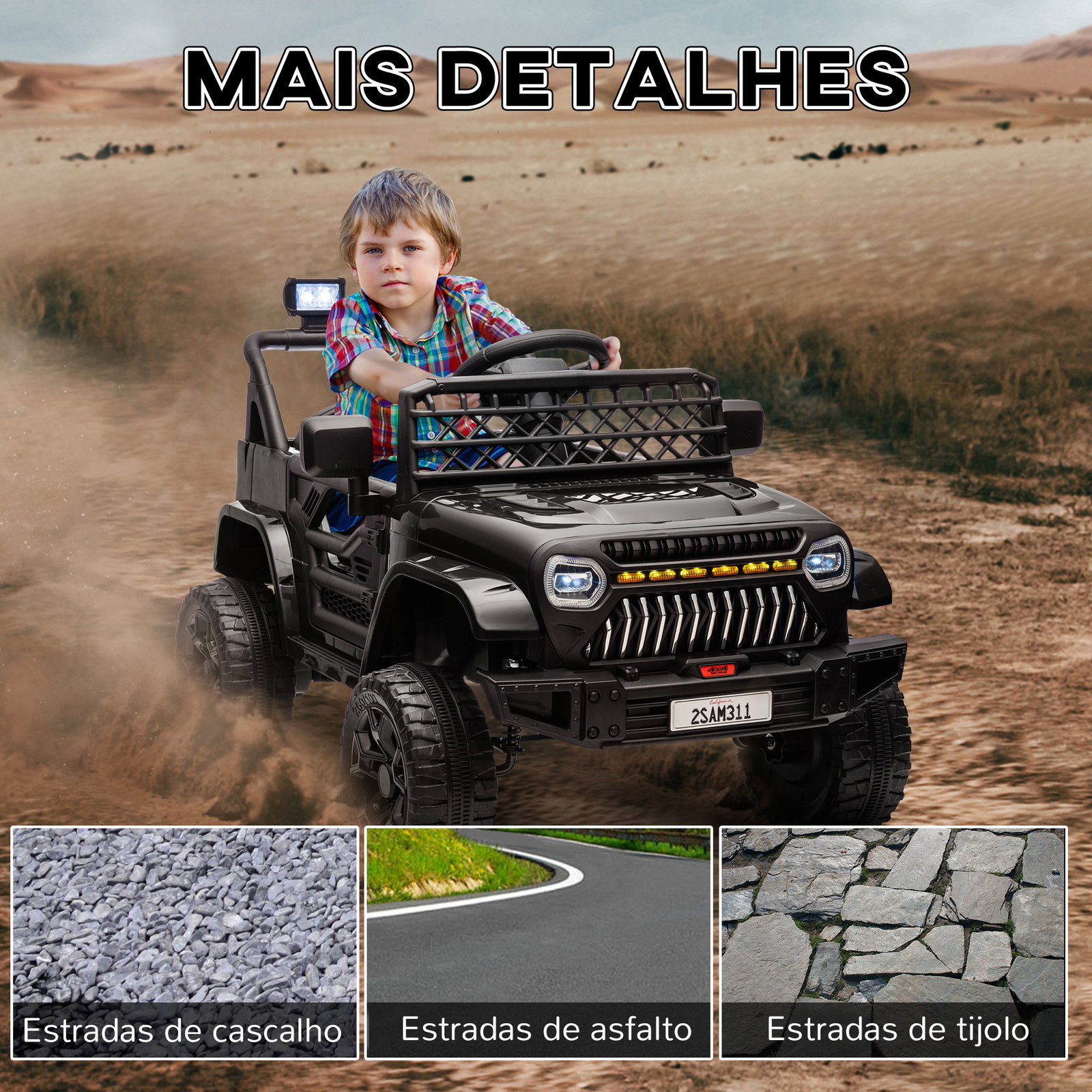 Carro elétrico para crianças carro elétrico infantil utv 12v com velocidade ajustável USB e faróis 95x62,5x65 cm preto