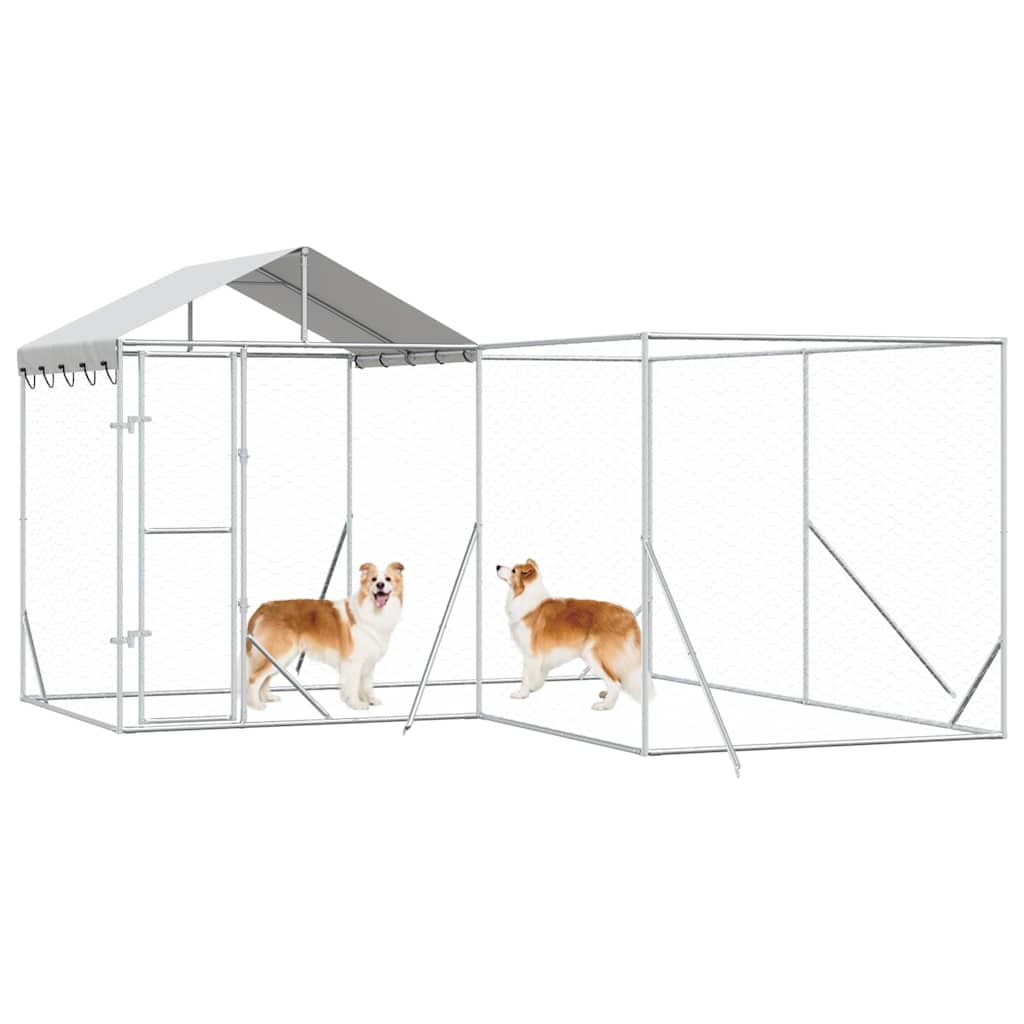 Canil de exterior com teto 4x4x2,5 m aço galvanizado prateado