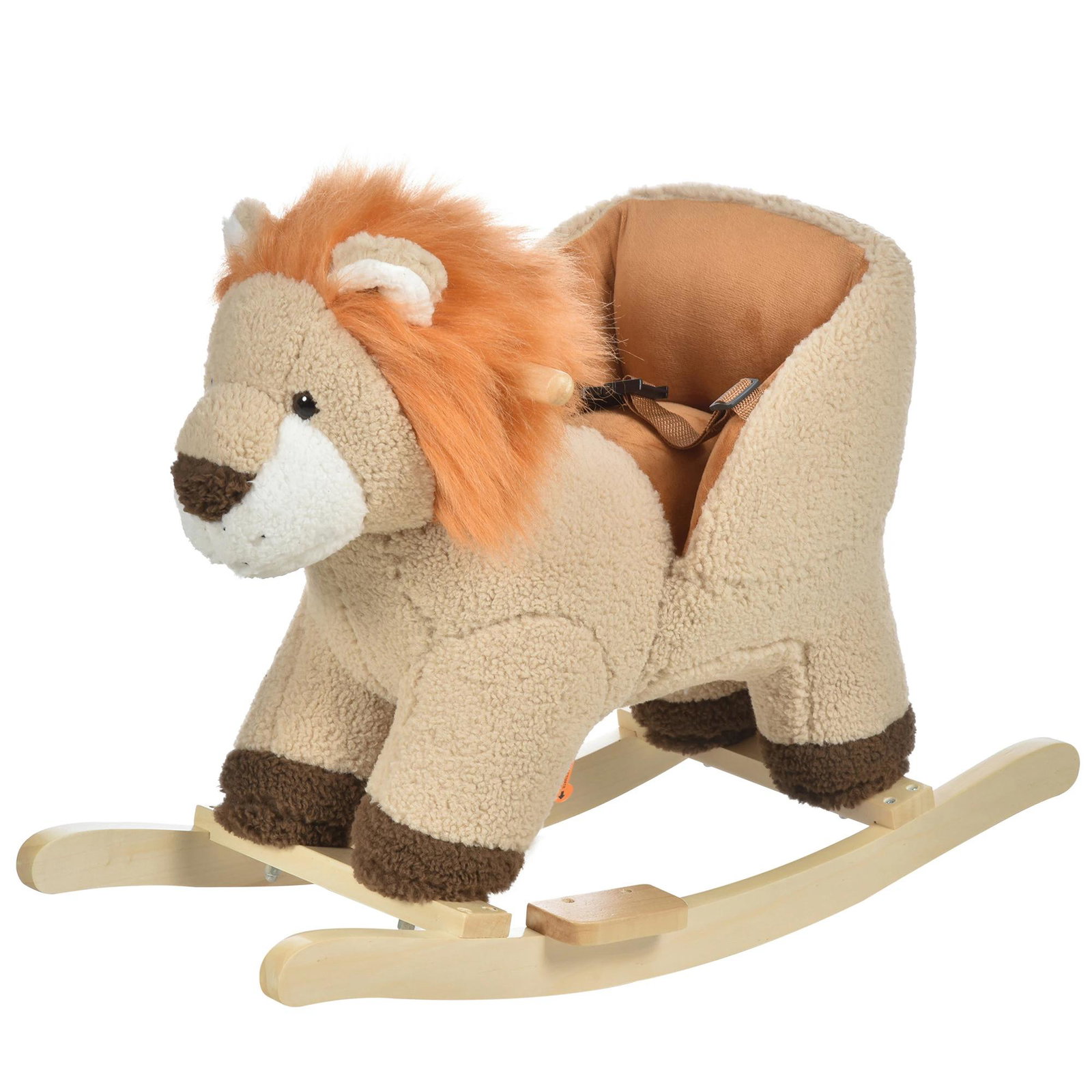 Baloiço infantil em forma de leão de pelúcia para bebés 18-39 meses com som cinto de segurança guidão apoio para os pés 68x35x50cm marrom