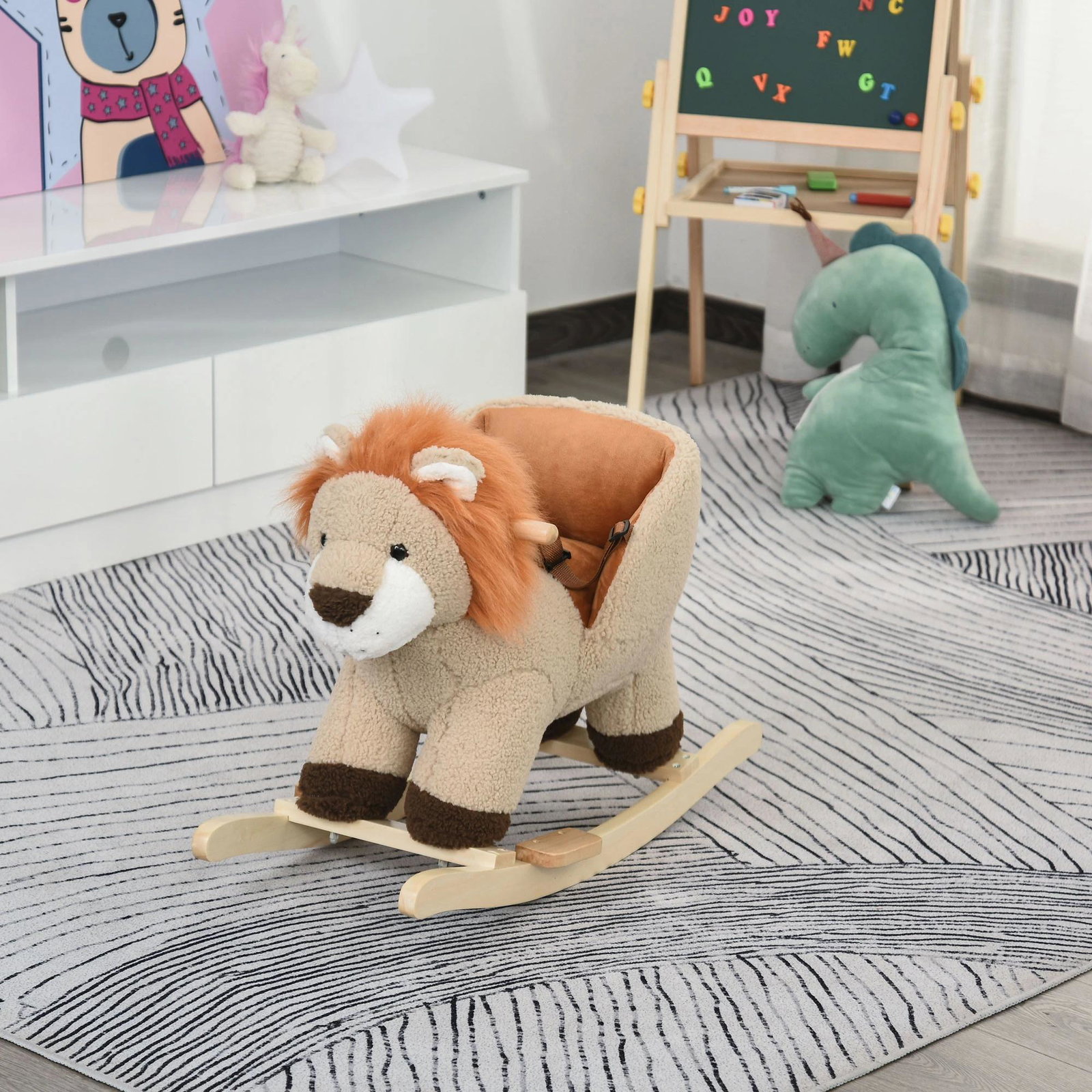 Baloiço infantil em forma de leão de pelúcia para bebés 18-39 meses com som cinto de segurança guidão apoio para os pés 68x35x50cm marrom