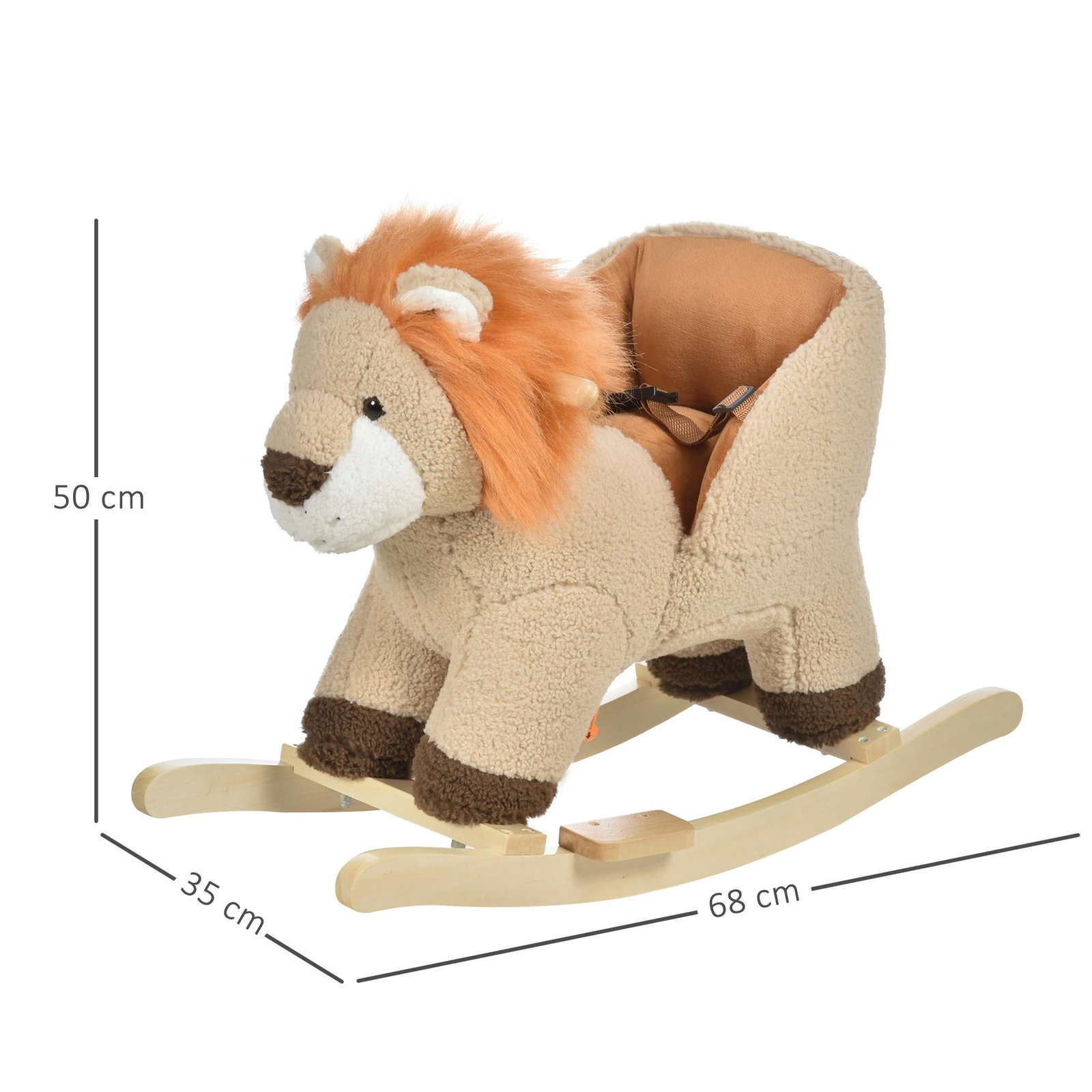 Baloiço infantil em forma de leão de pelúcia para bebés 18-39 meses com som cinto de segurança guidão apoio para os pés 68x35x50cm marrom