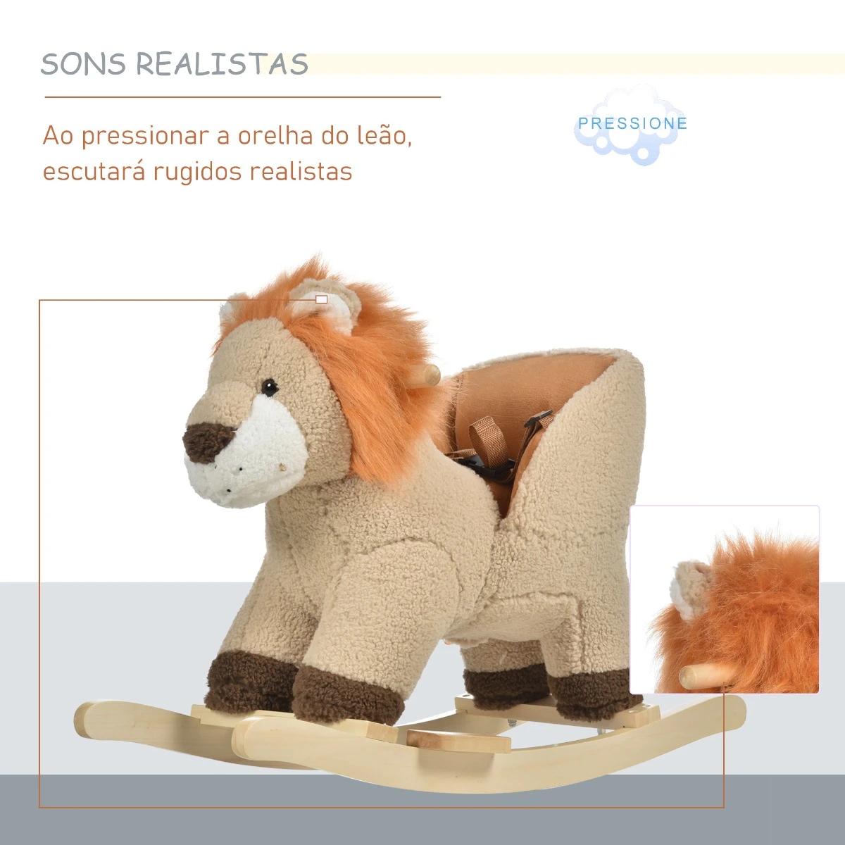 Baloiço infantil em forma de leão de pelúcia para bebés 18-39 meses com som cinto de segurança guidão apoio para os pés 68x35x50cm marrom