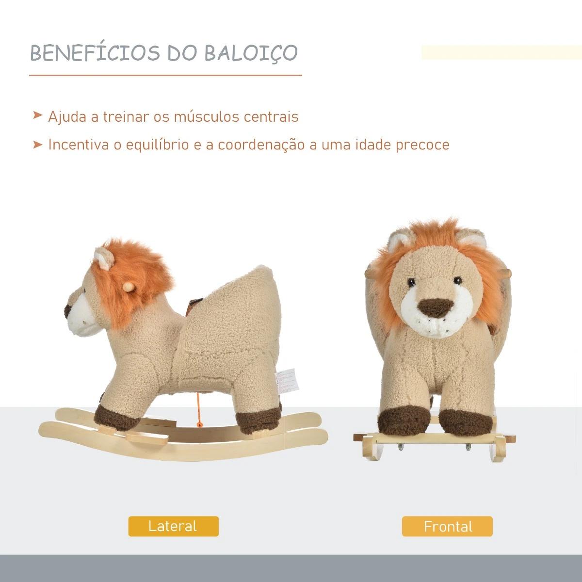 Baloiço infantil em forma de leão de pelúcia para bebés 18-39 meses com som cinto de segurança guidão apoio para os pés 68x35x50cm marrom
