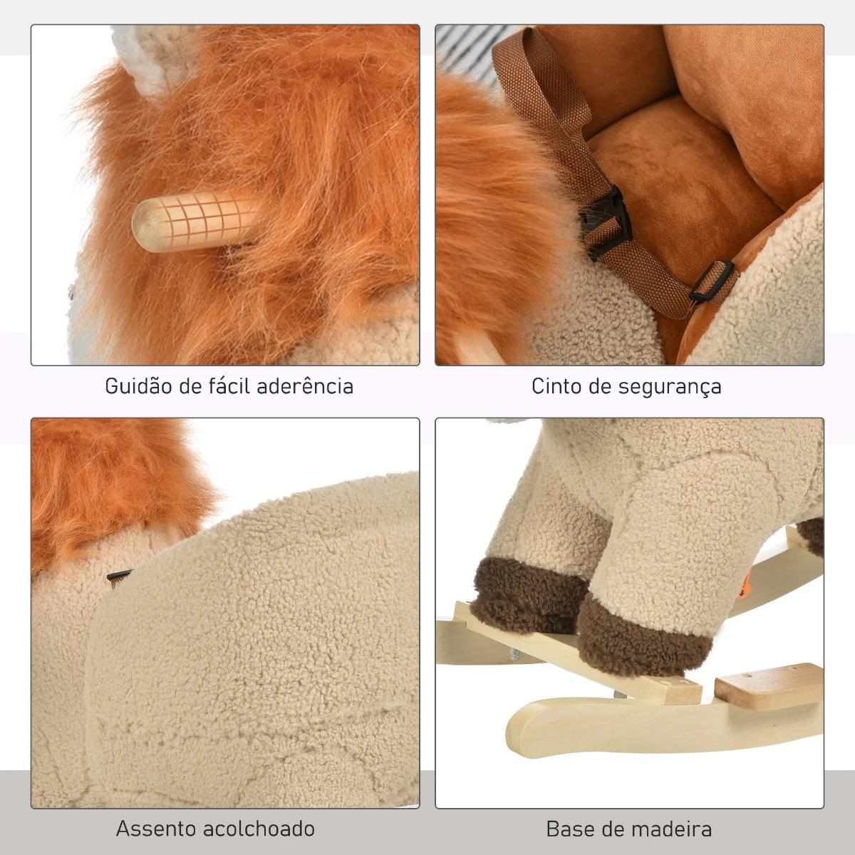 Baloiço infantil em forma de leão de pelúcia para bebés 18-39 meses com som cinto de segurança guidão apoio para os pés 68x35x50cm marrom