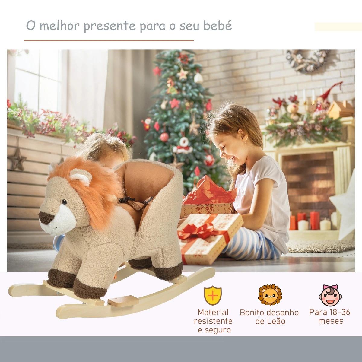 Baloiço infantil em forma de leão de pelúcia para bebés 18-39 meses com som cinto de segurança guidão apoio para os pés 68x35x50cm marrom