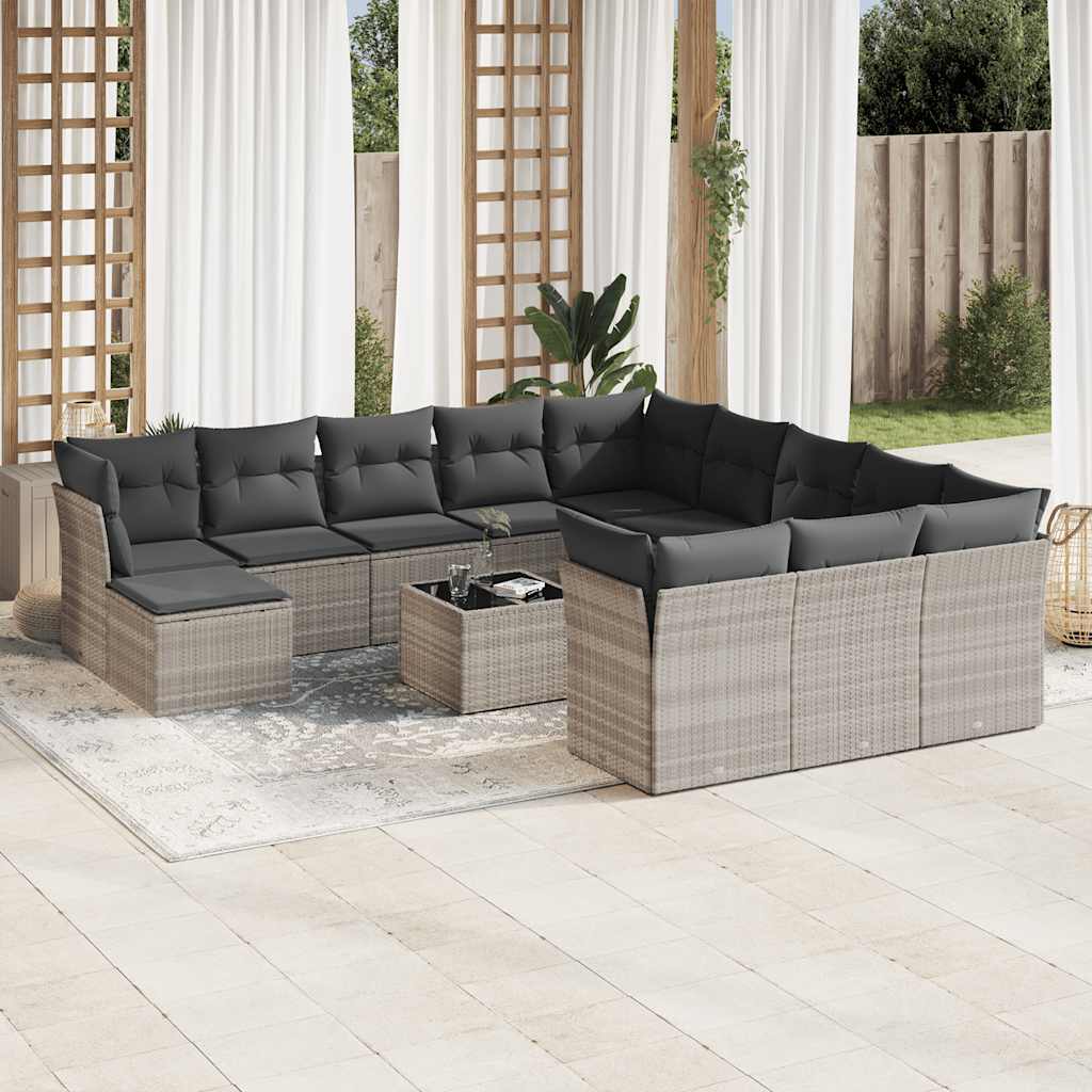13 Pcs conj. sofás jardim c/ almofadões vime PE cinzento-claro