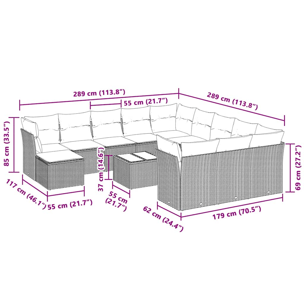 13 Pcs conj. sofás jardim c/ almofadões vime PE cinzento-claro