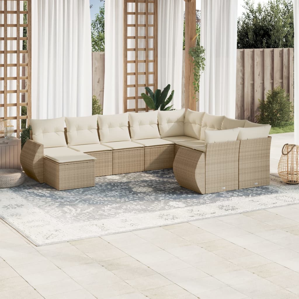 10 Pcs conjunto de sofás p/ jardim com almofadões vime PE bege