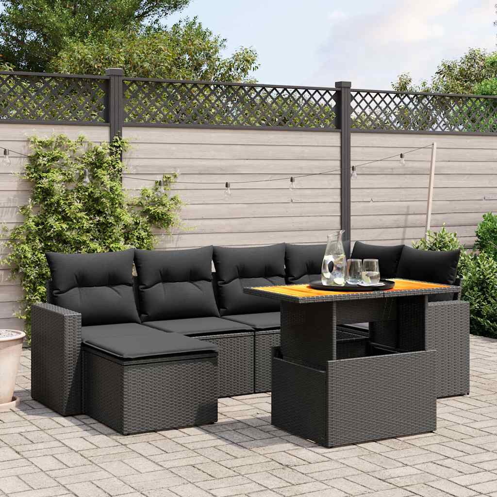 7 Pcs conjunto de sofás p/ jardim c/ almofadões vime PE preto