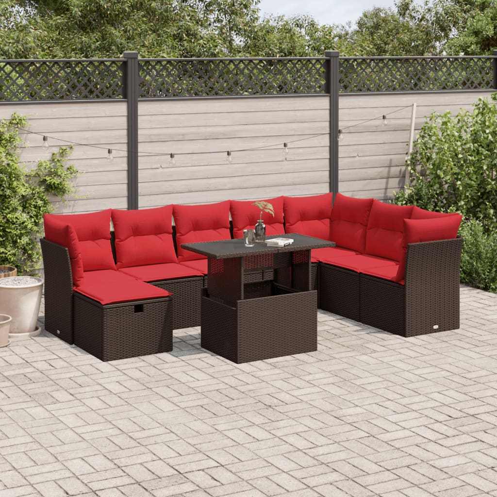 Conjunto de sofá de jardim com 9 peças e almofadas em rattan sintético marrom