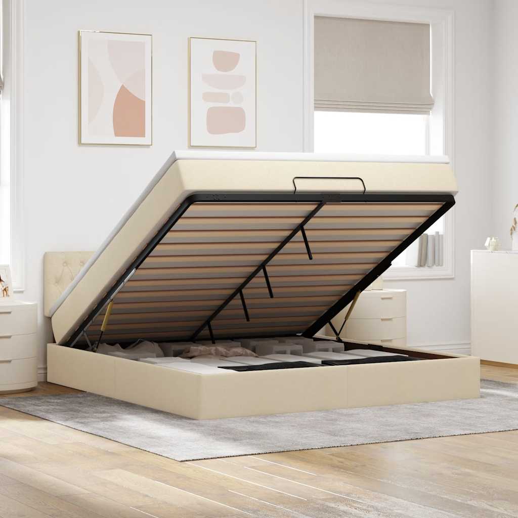 Estrutura de cama otomana com colchão tecido creme 160x200cm