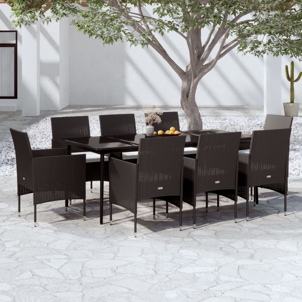 9 Pcs conjunto de jantar para jardim com almofadões preto