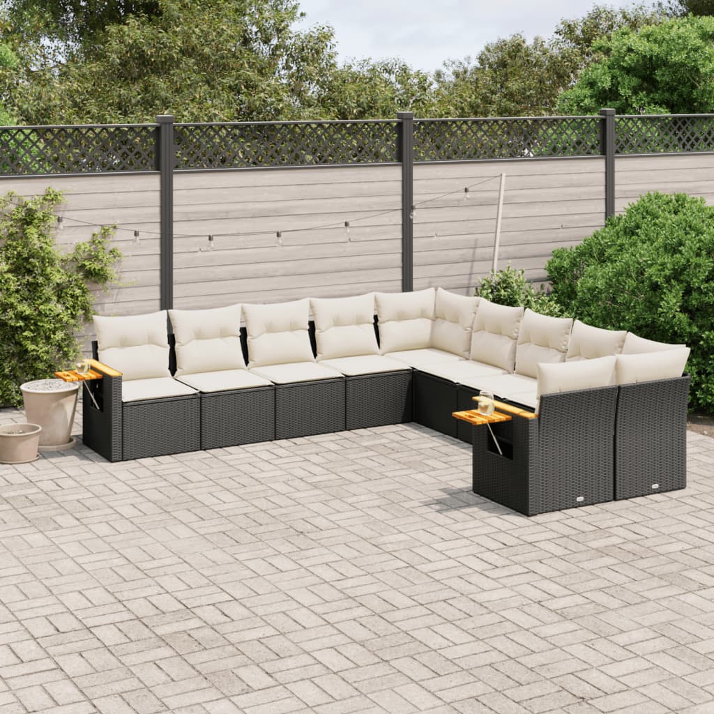 10 Pcs conjunto sofás de jardim c/ almofadões vime PE preto