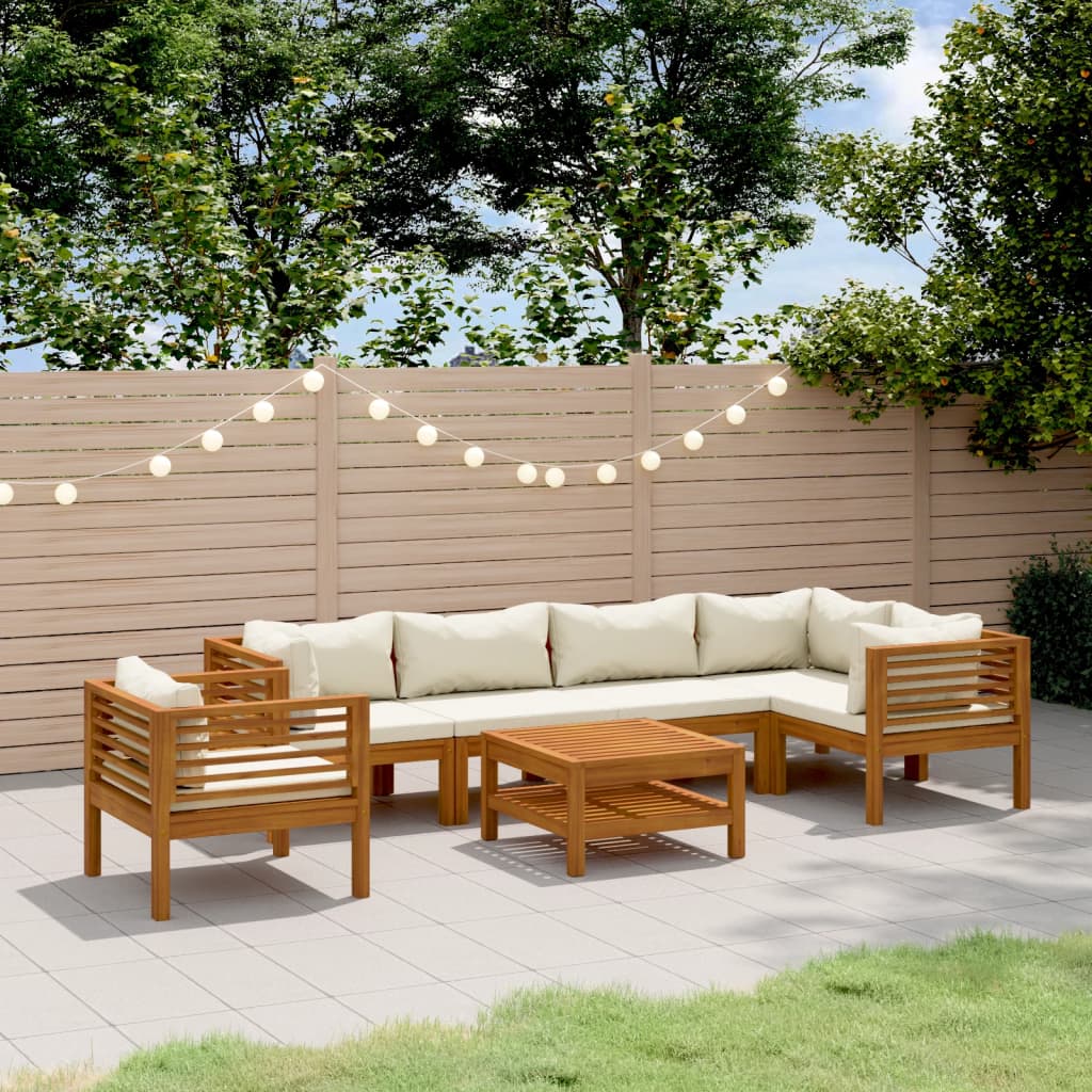 7 Pcs conjunto lounge jardim c/ almofadões creme acácia maciça