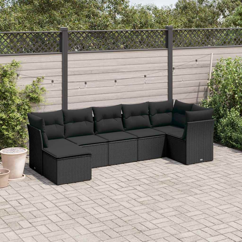 7 Pcs conjunto de sofás p/ jardim c/ almofadões vime PE preto