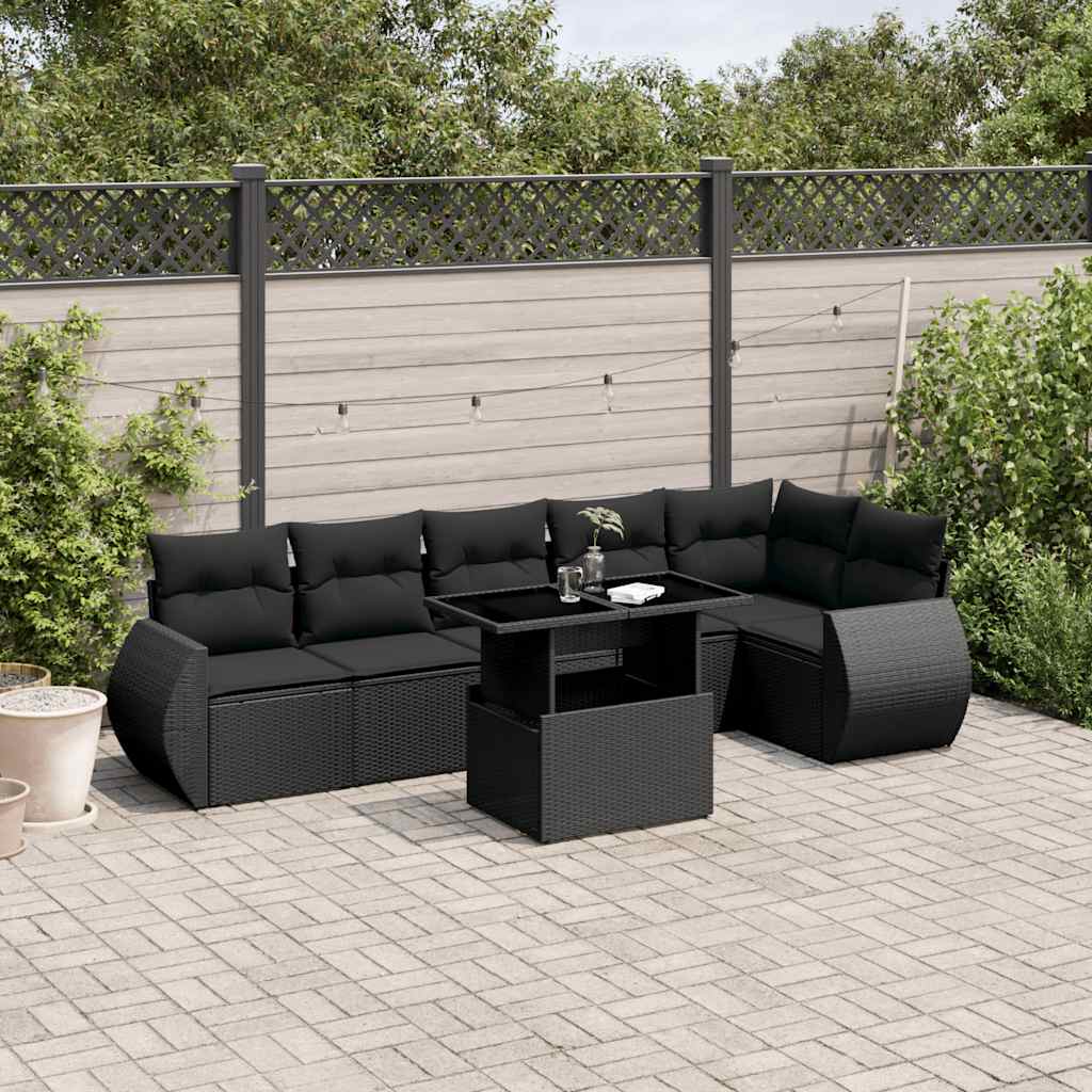 7 Pcs conjunto de sofás p/ jardim c/ almofadões vime PE preto