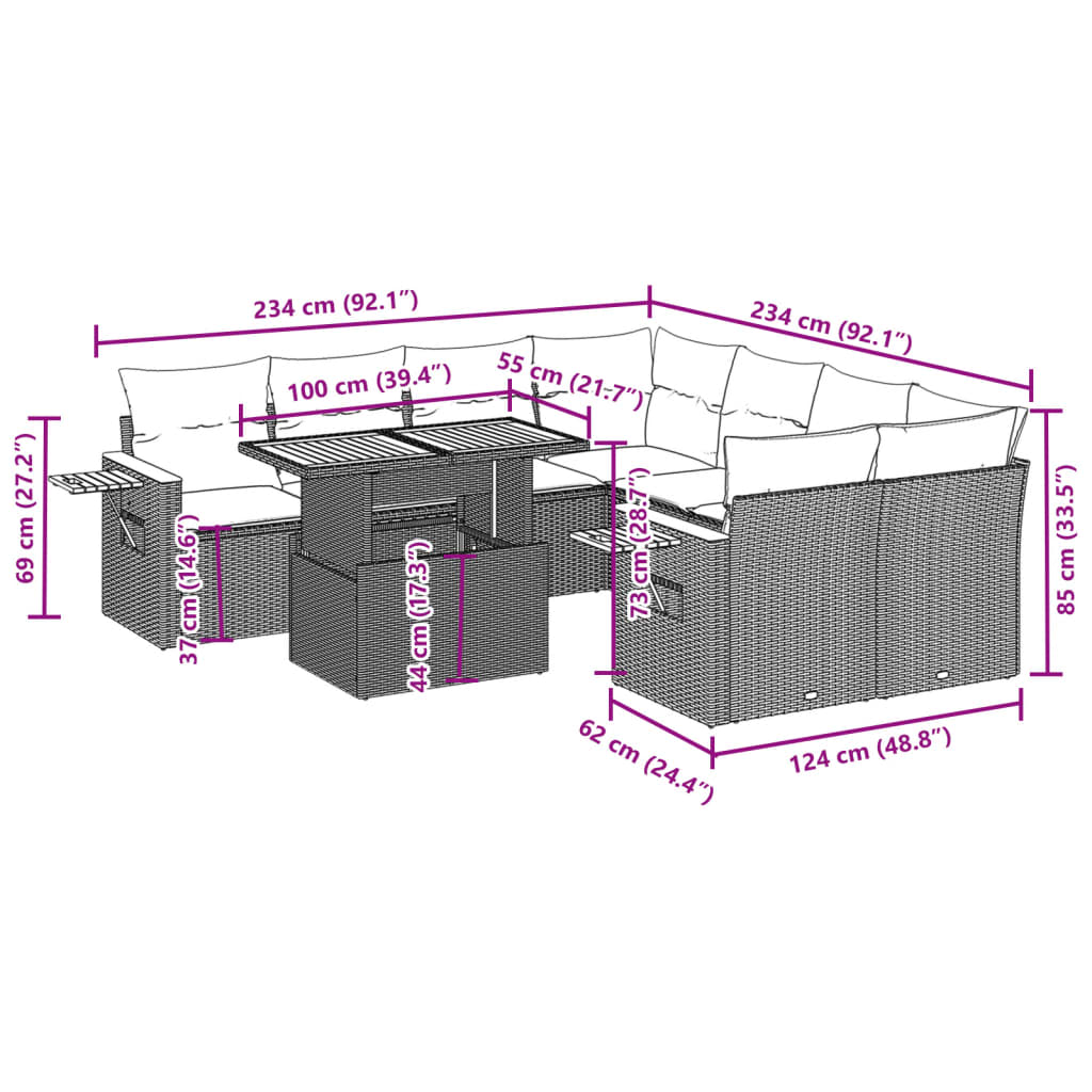 9 Pcs conjunto de sofás p/ jardim c/ almofadões vime PE preto