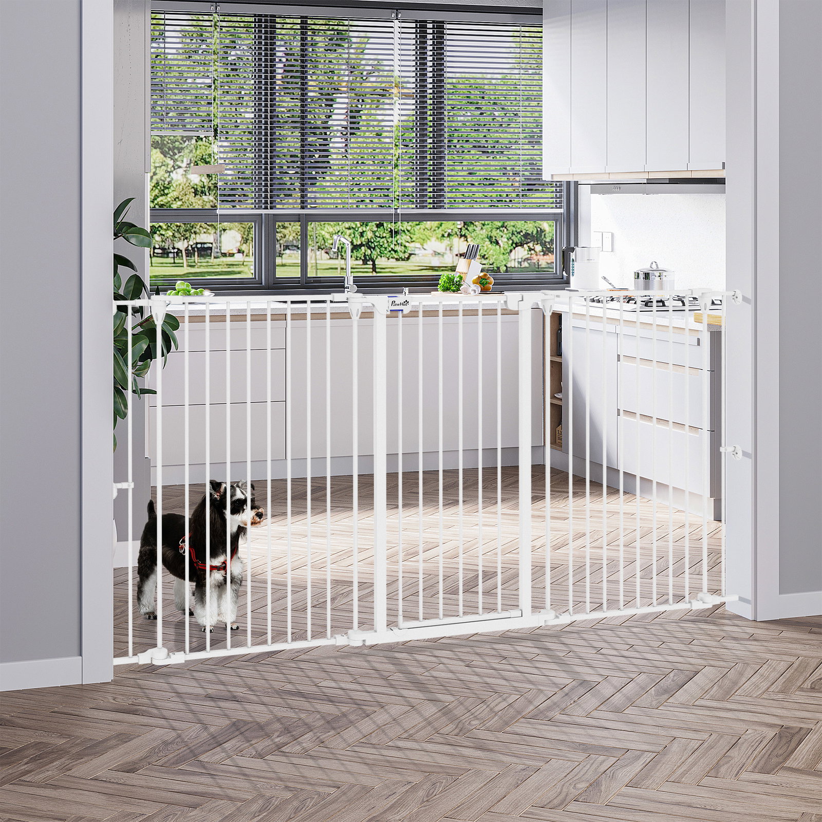 Barreira para cães de aço barreira de segurança para animais de estimação dobrável de 3 painéis duplo fechamento 206x90 cm branco