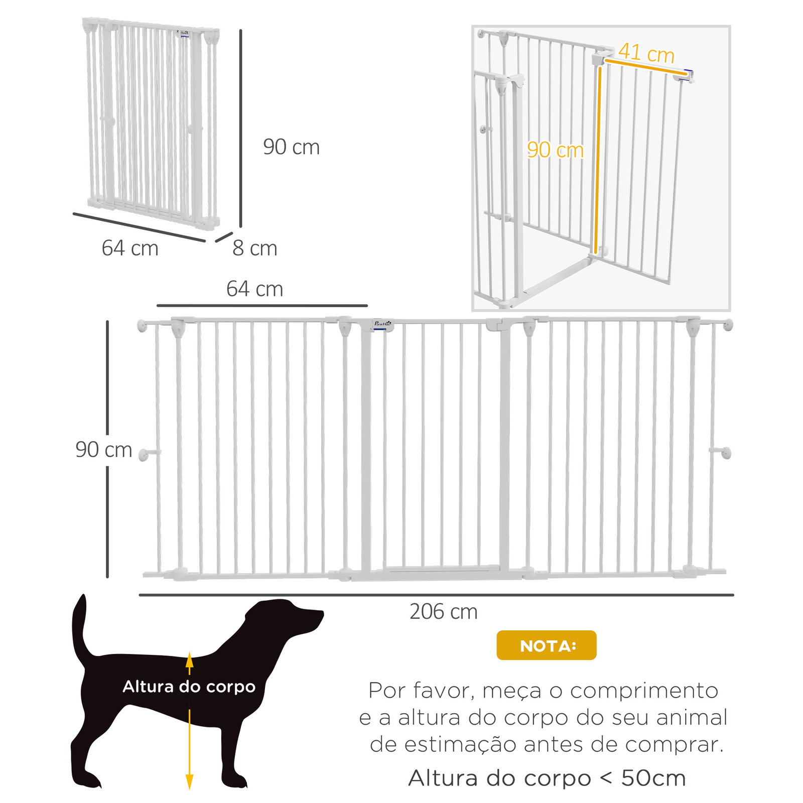 Barreira para cães de aço barreira de segurança para animais de estimação dobrável de 3 painéis duplo fechamento 206x90 cm branco