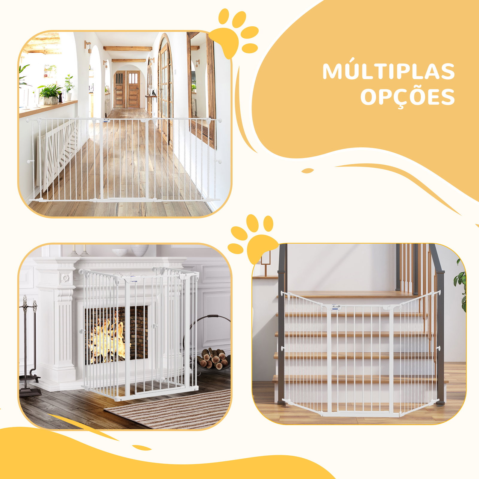 Barreira para cães de aço barreira de segurança para animais de estimação dobrável de 3 painéis duplo fechamento 206x90 cm branco
