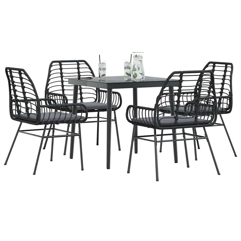 Conjunto de jantar jardim 5 peças almofadas vidro vime PE preto