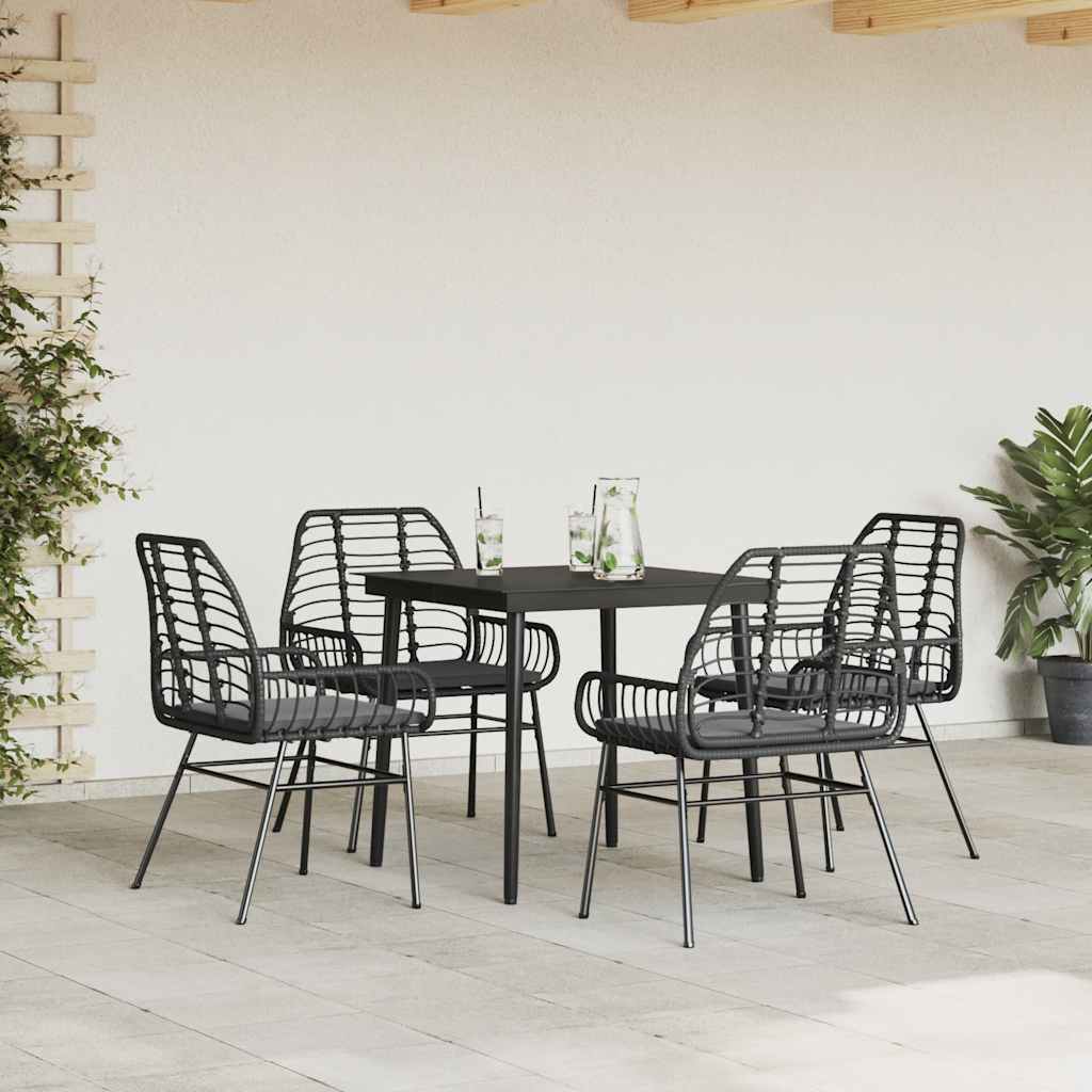 Conjunto de jantar jardim 5 peças almofadas vidro vime PE preto