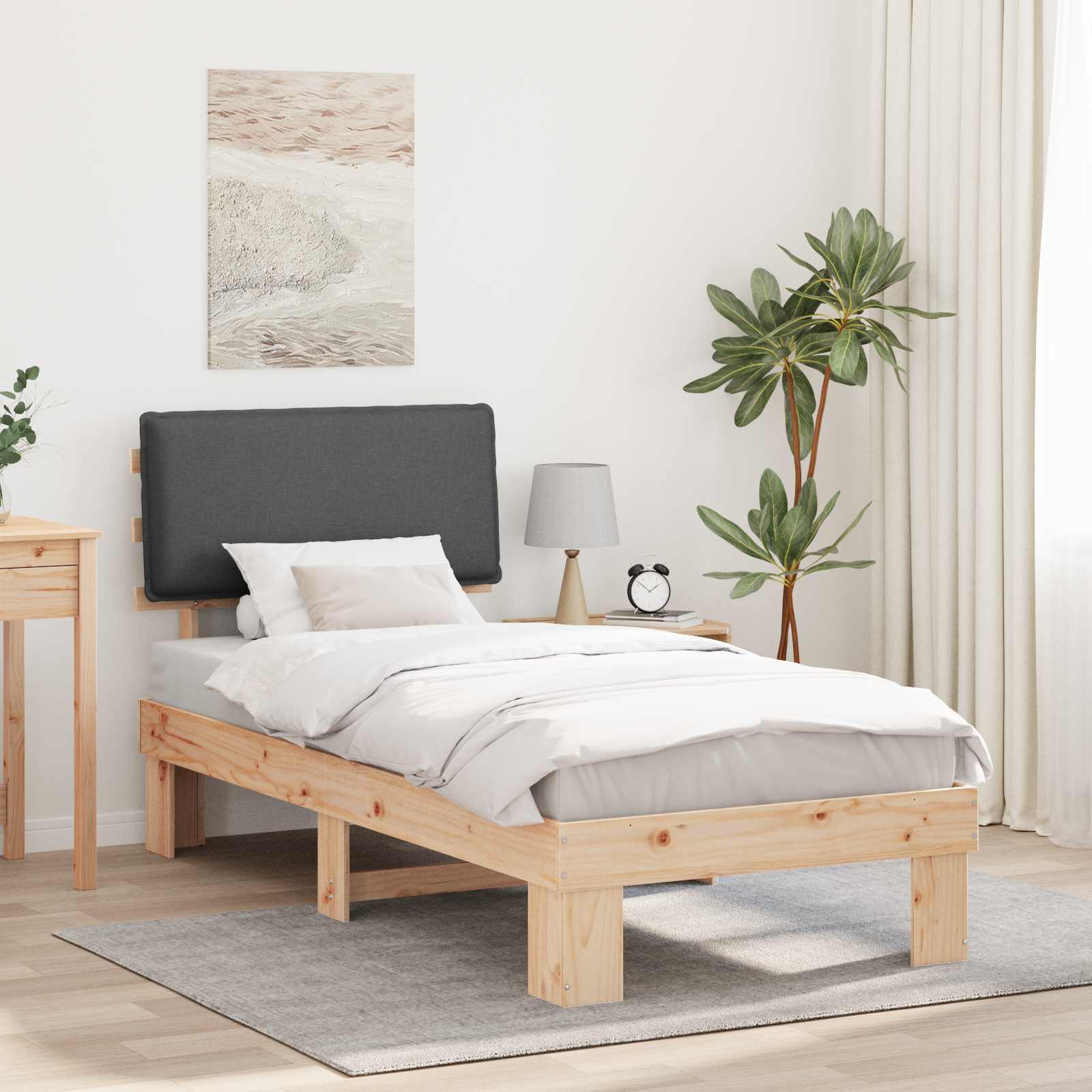 Estrutura de cama com cabeceira estofada cinza escuro
