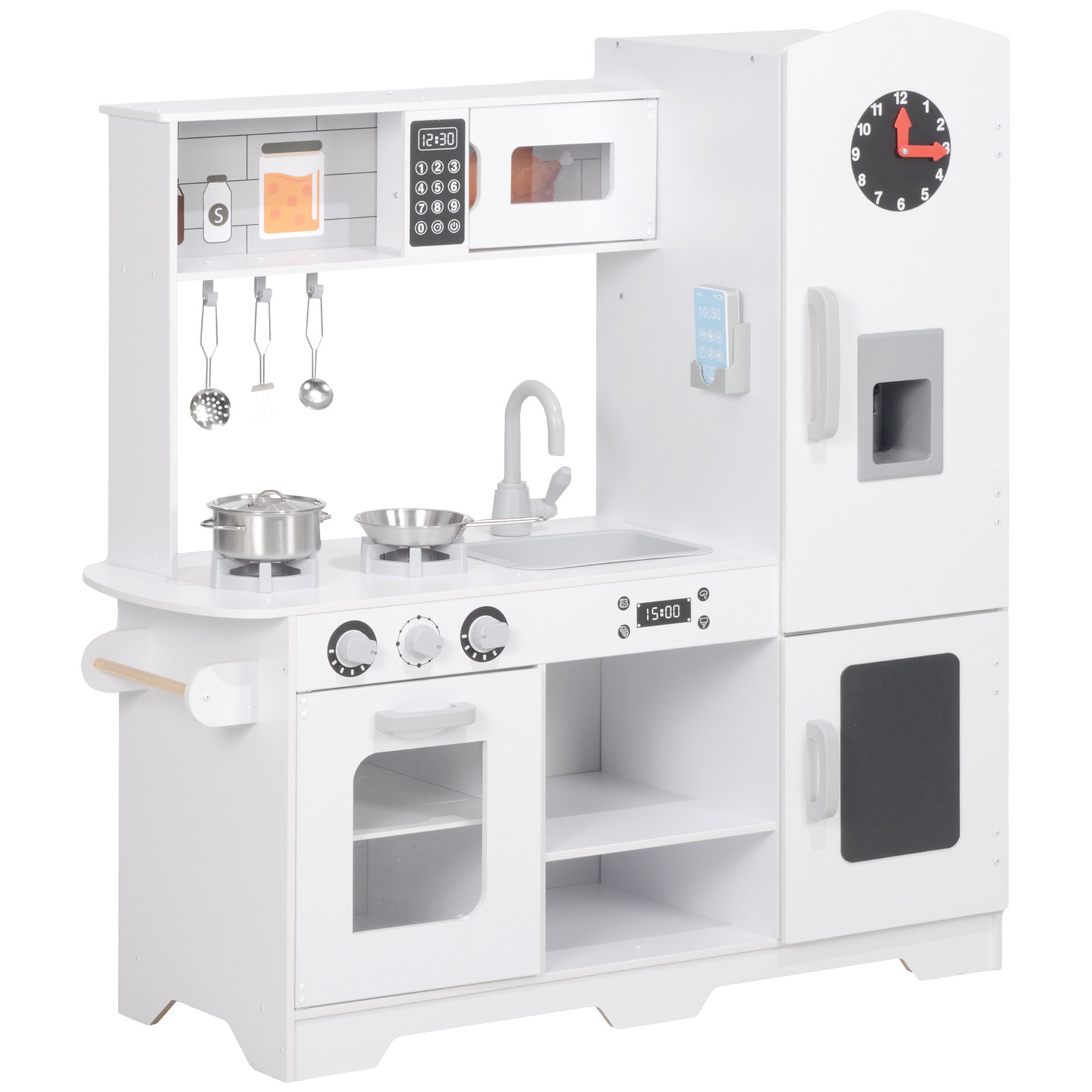 Cozinha de madeira para crianças com fogão lavatório micro-ondas relógio máquina de gelo e acessórios 100,5x41x110 cm brancp