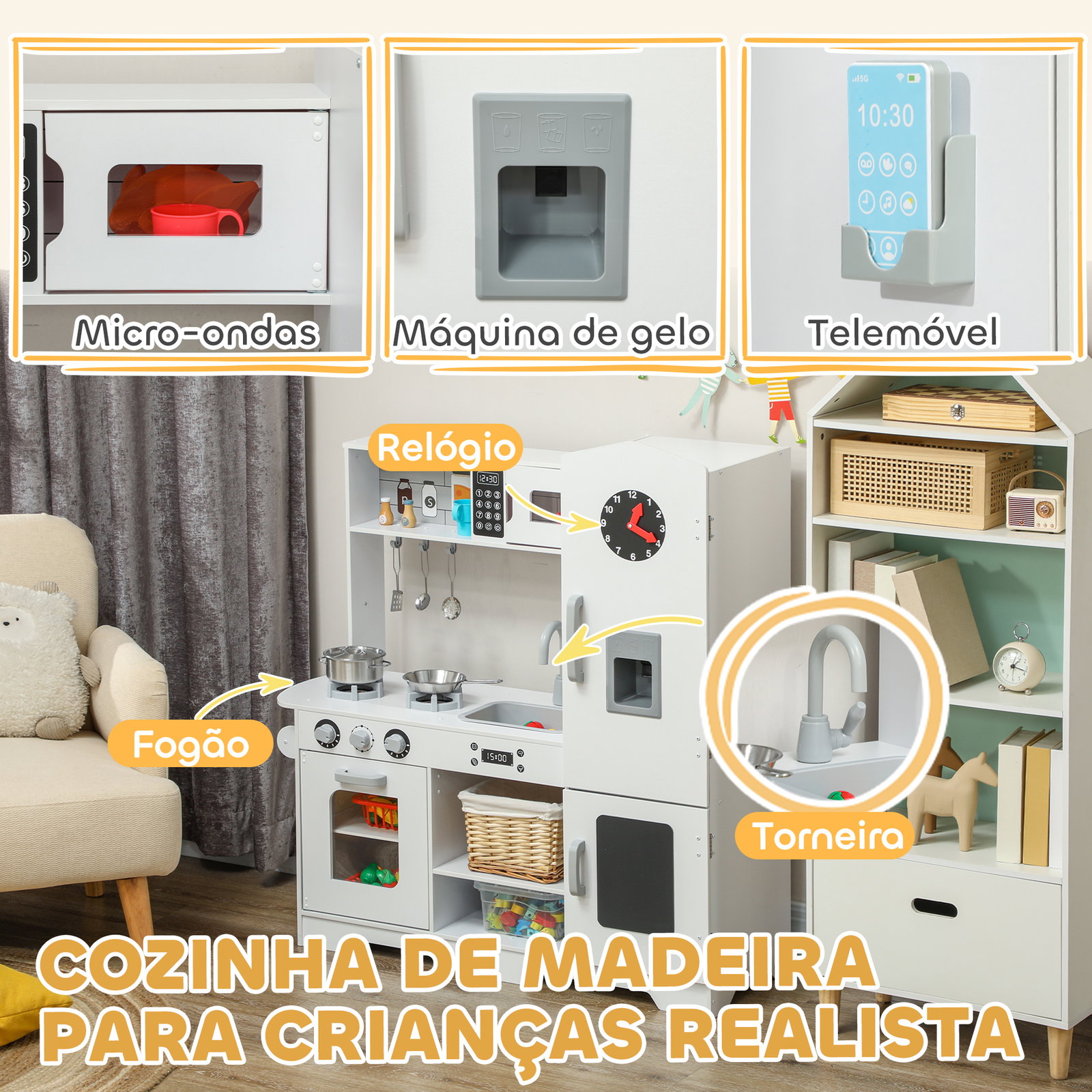 Cozinha de madeira para crianças com fogão lavatório micro-ondas relógio máquina de gelo e acessórios 100,5x41x110 cm brancp