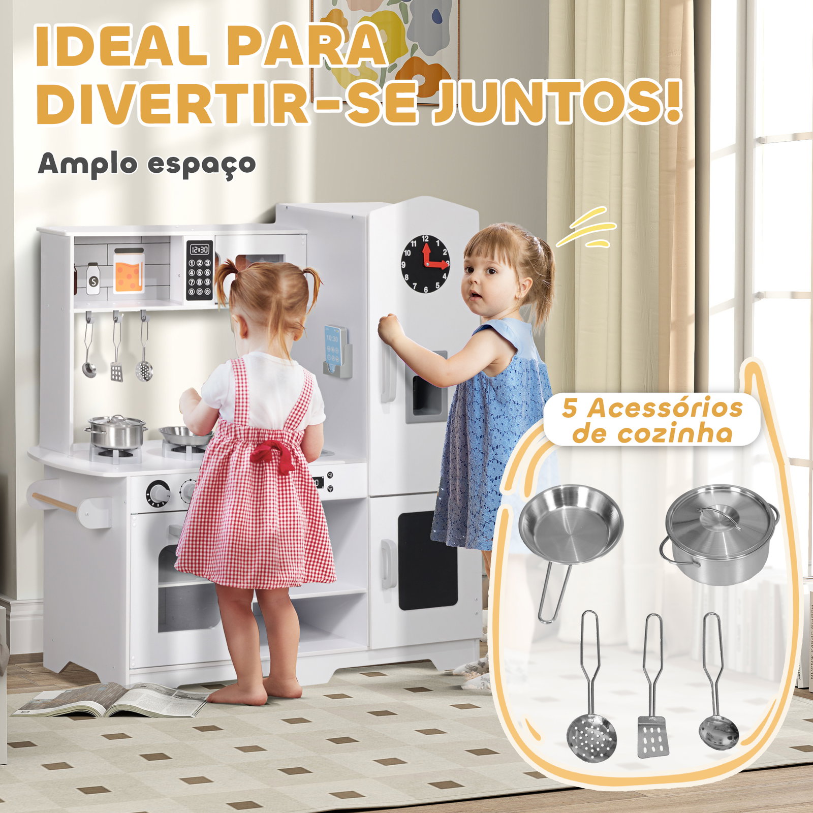 Cozinha de madeira para crianças com fogão lavatório micro-ondas relógio máquina de gelo e acessórios 100,5x41x110 cm brancp