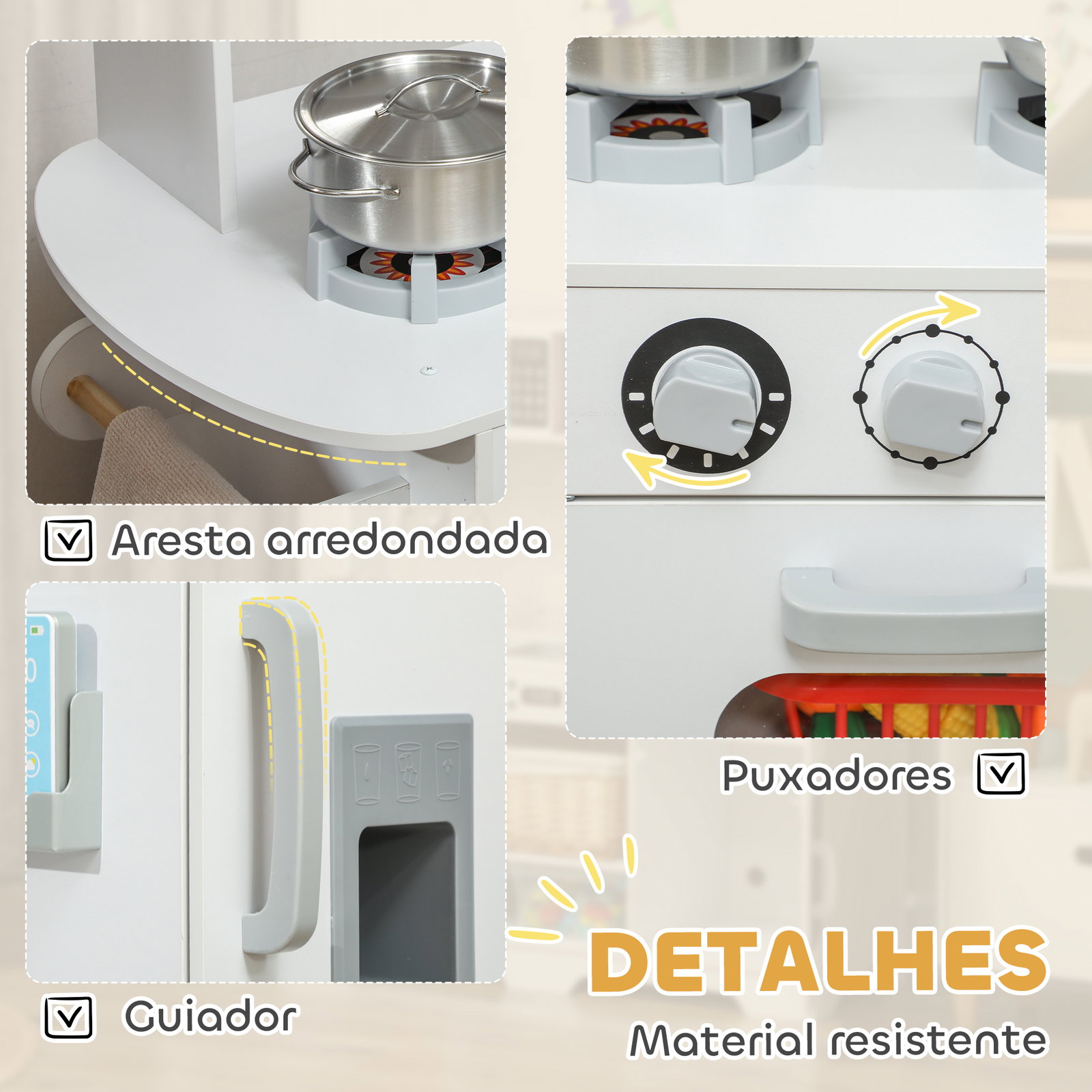 Cozinha de madeira para crianças com fogão lavatório micro-ondas relógio máquina de gelo e acessórios 100,5x41x110 cm brancp