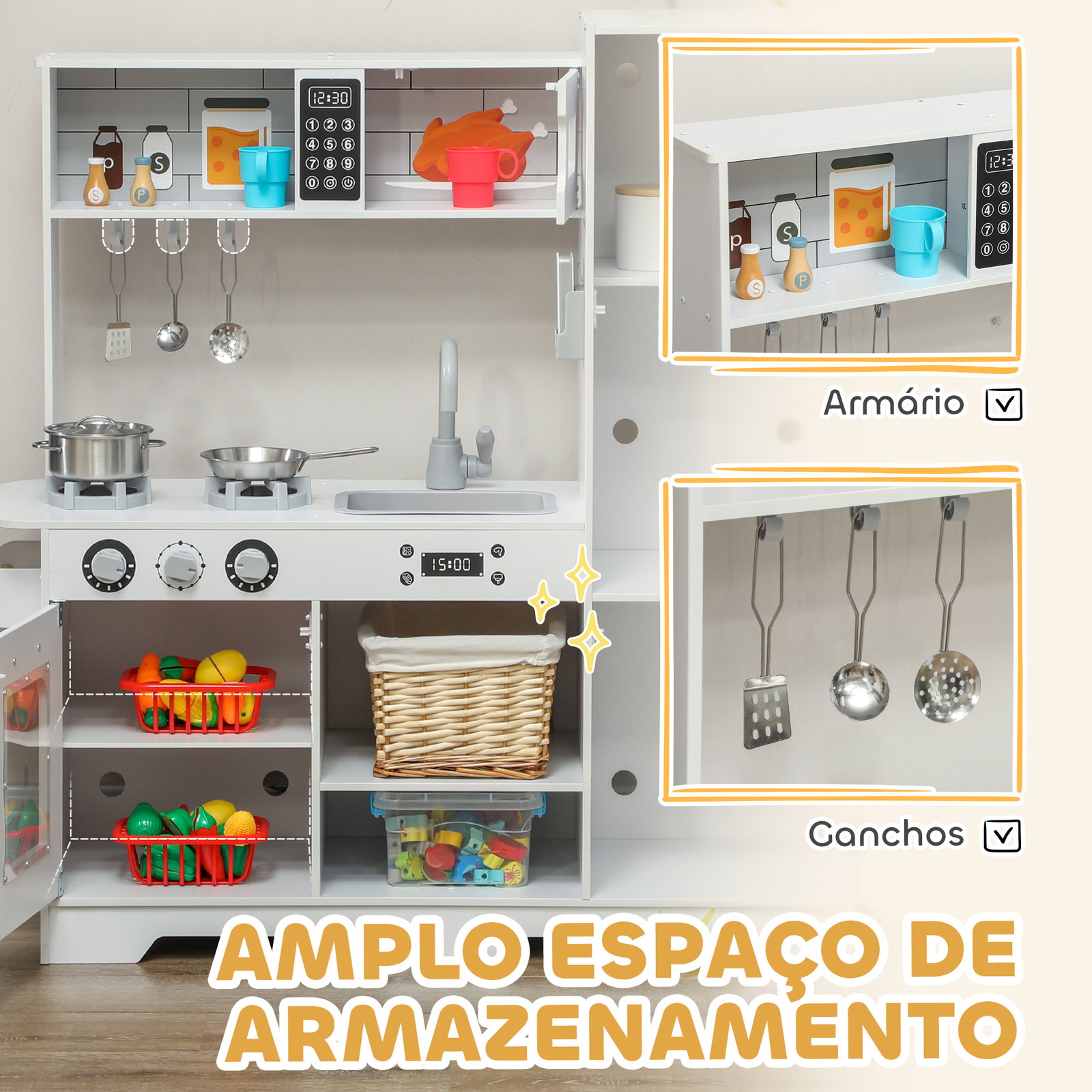 Cozinha de madeira para crianças com fogão lavatório micro-ondas relógio máquina de gelo e acessórios 100,5x41x110 cm brancp