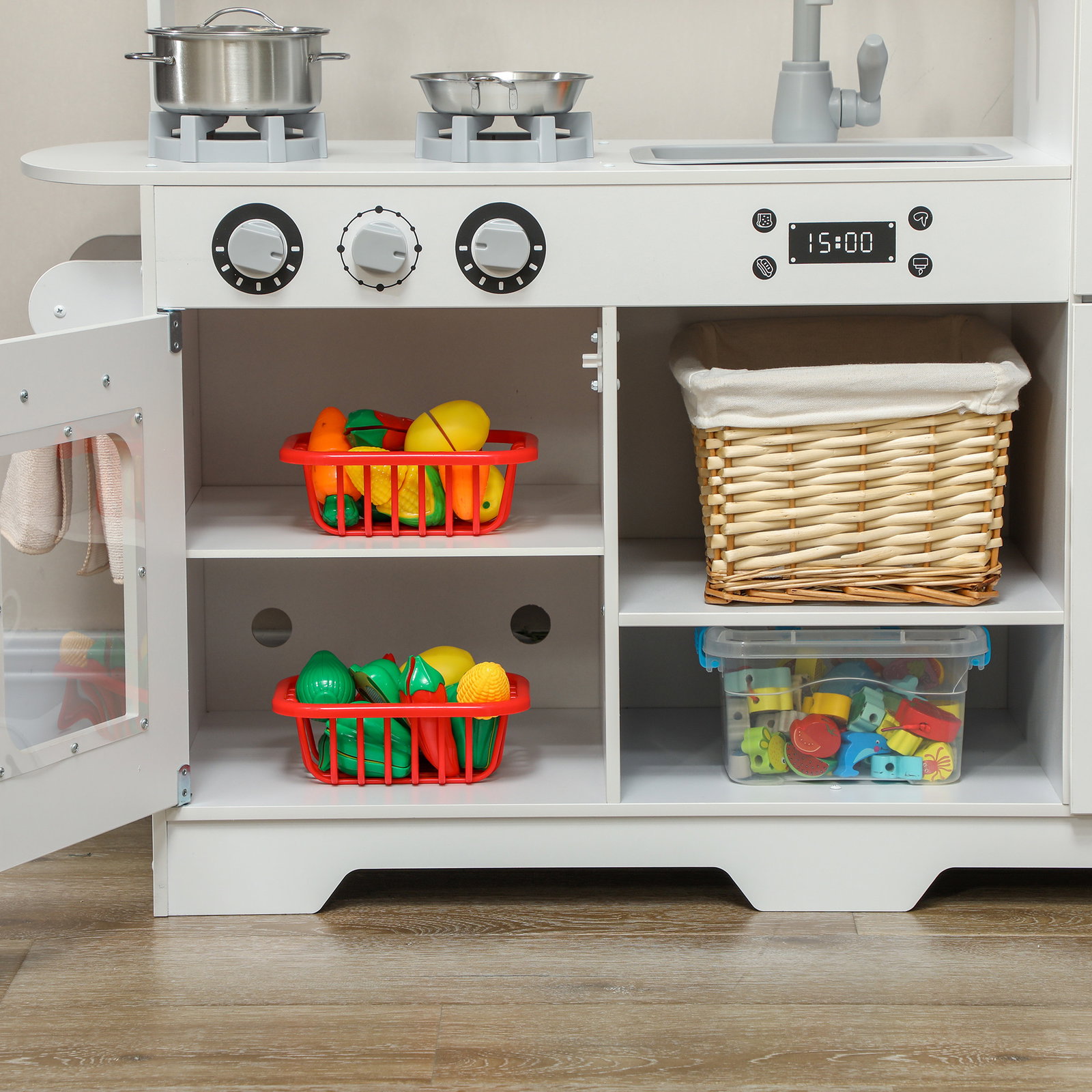 Cozinha de madeira para crianças com fogão lavatório micro-ondas relógio máquina de gelo e acessórios 100,5x41x110 cm brancp