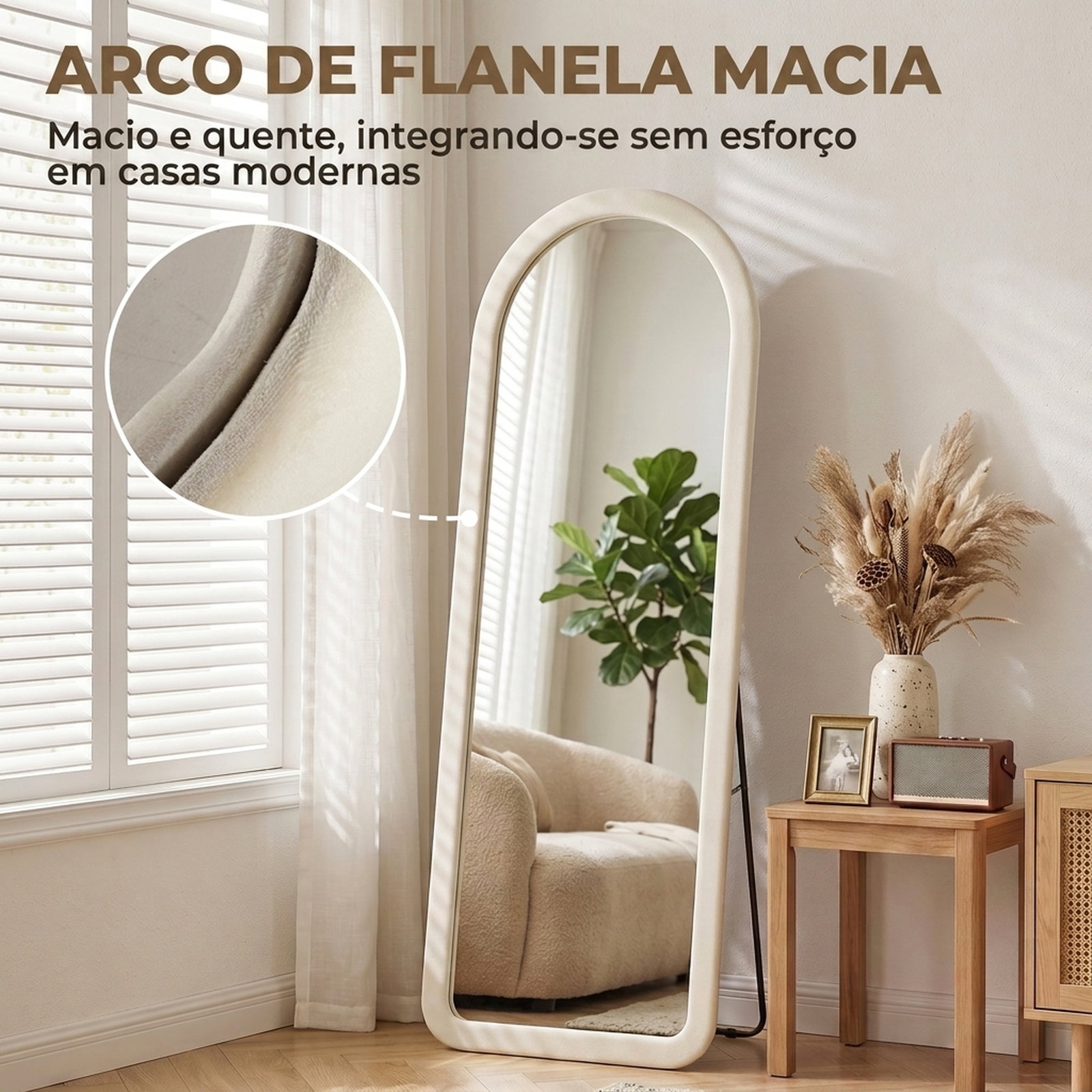 Espelho de corpo inteiro 160x60 cm com moldura em arco aveludada, de pé, apoiado ou de parede, creme