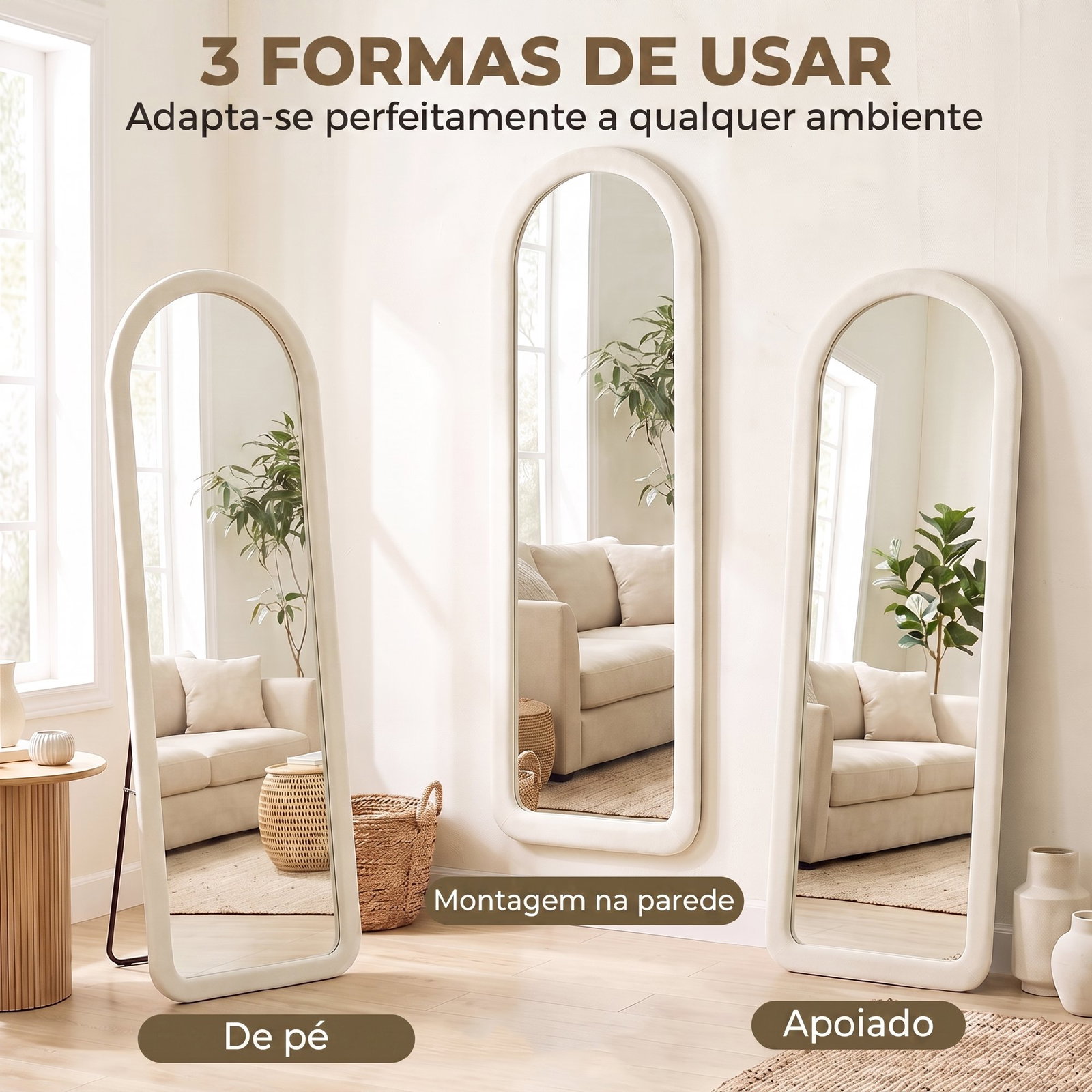 Espelho de corpo inteiro 160x60 cm com moldura em arco aveludada, de pé, apoiado ou de parede, creme