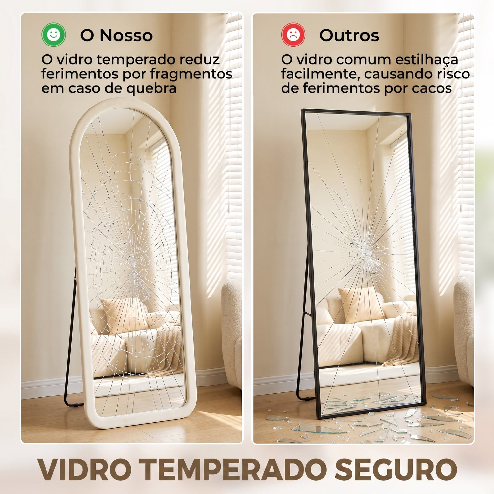 Espelho de corpo inteiro 160x60 cm com moldura em arco aveludada, de pé, apoiado ou de parede, creme