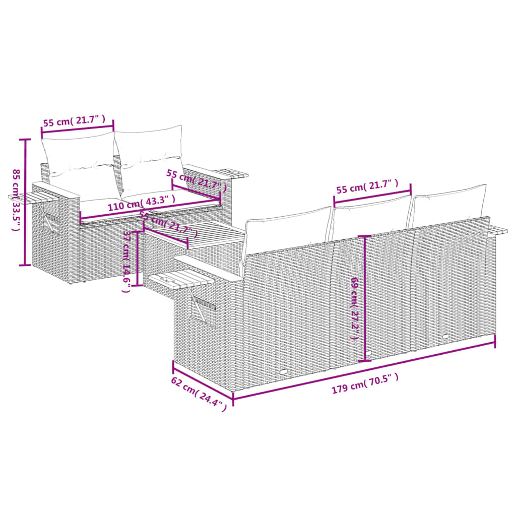 6 Pcs conjunto sofás de jardim com almofadões vime cinzento