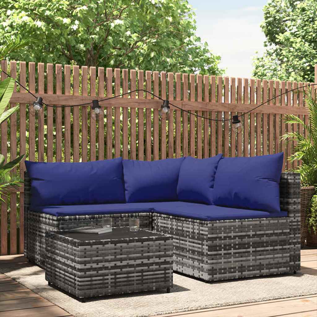 4 Pcs conjunto lounge de jardim c/ almofadões vime PE cinzento