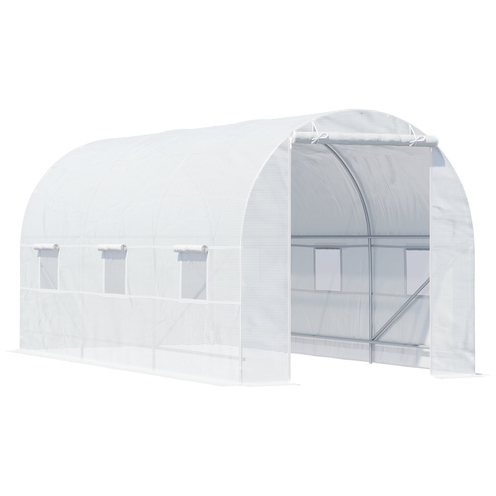Estufa tipo túnel 445x200x200 cm com porta enrolável e 6 janelas cobertura de PE 140 g/m² anti-UV branco